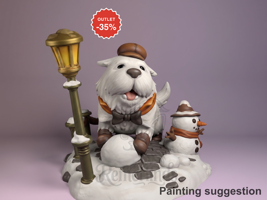Bond from Spy x Family resin Chibi figure wearing brown hat and bow tie, holding golden lamp, with snowman beside him on snowy base, fully painted.