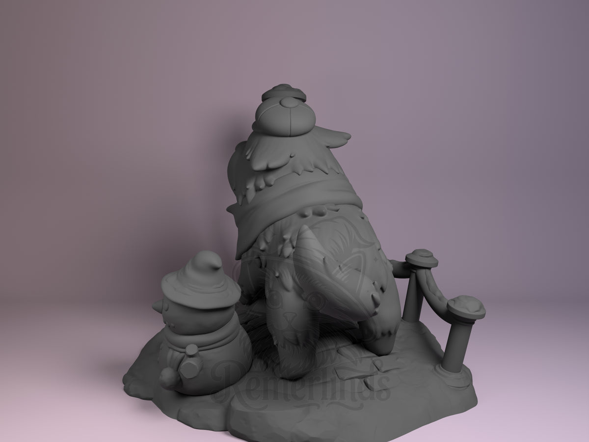 Bond chibi resin figure from Spy x Family shown from left angle, unpainted gray, seated with accessories on decorative base with railing detail.