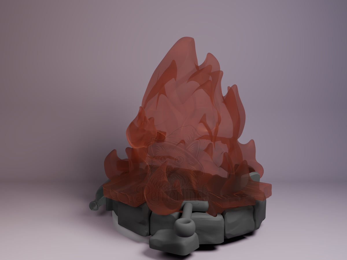 Calcifer resin Chibi figure from Howl's Moving Castle displayed at angle, showing red translucent flame body and gray stone base with details.