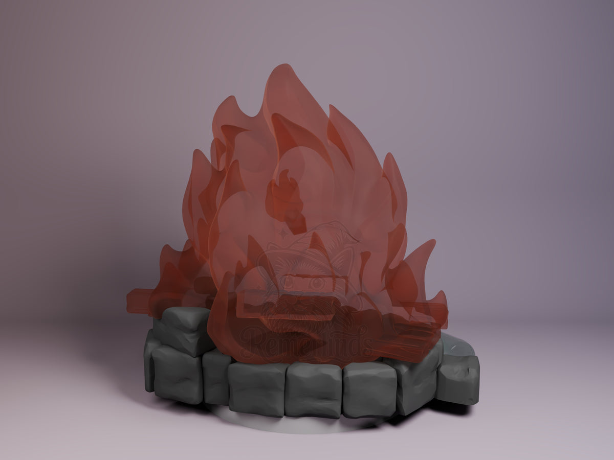 Calcifer resin Chibi figure from Howl's Moving Castle viewed from back, red flame form on gray stone base, Bulkamancer.