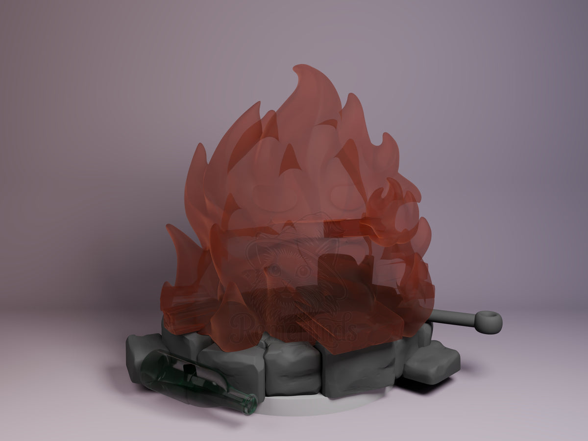Calcifer resin Chibi figure from Howl's Moving Castle, front view, translucent red flame body with dark painted face, mounted on gray sandbag base with cannon.