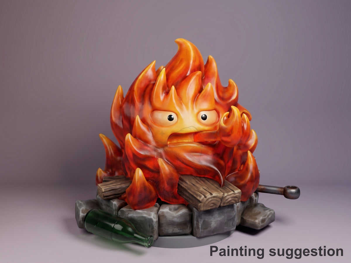 Calcifer resin Chibi figure seated on rocky base with wood logs, vibrant orange-red flame painting, wide-eyed expression, front three-quarter view.