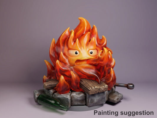 Painted Calcifer from Howl's Moving Castle resin Chibi figure is front-facing on sculpted logs.