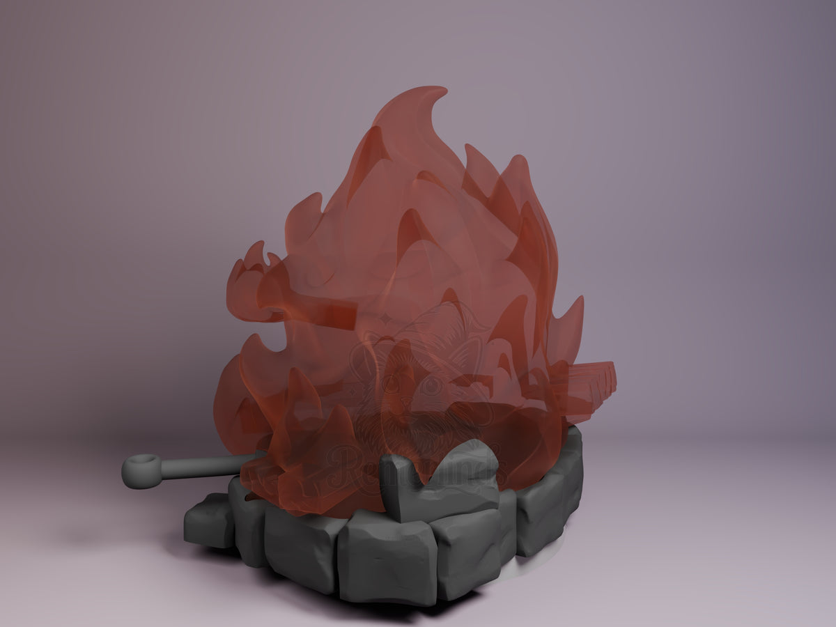 Calcifer resin Chibi figure from Howl's Moving Castle, shown from left angle with red translucent flame body, gray stone base, and articulated cannon arm.