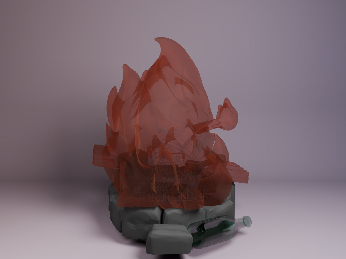 Translucent red resin Chibi Calcifer figure from Howl's Moving Castle on gray base with accessories, shown from right angle.