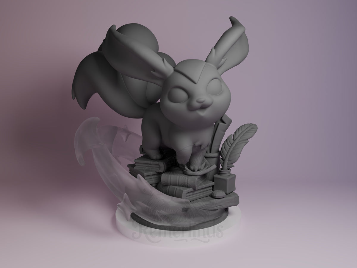 Carbuncle Final Fable 3D printed resin Chibi figure by Nomnom, unpainted front view. The figure depicts a chibi-style Carbuncle from Final Fantasy standing on a detailed base consisting of books, quill, and scrolls. The character's pose is alert and lively, with prominent large ears and a bushy tail that curls upward. A translucent magical effect swirls around the base, enhancing the whimsical and magical theme of the miniature.