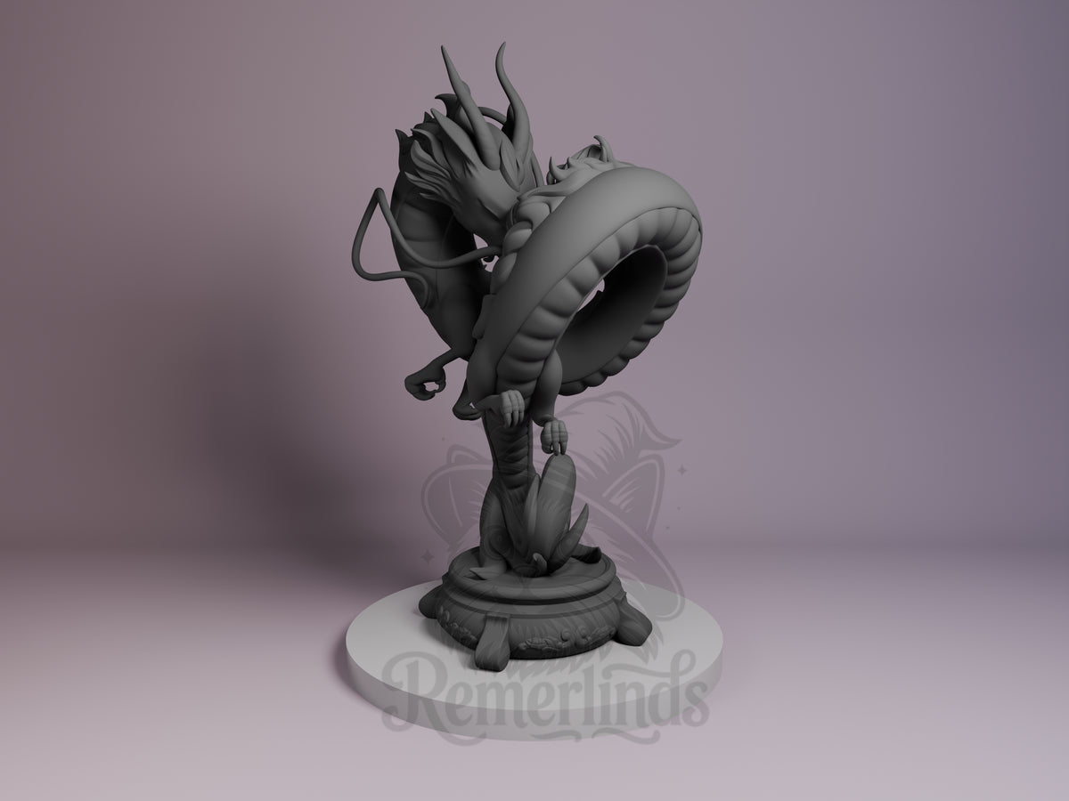 young girl traveler; river spirit Enchanted Bathhouse 3D printed resin figure by Nomnom, angled view showing dimensional details.