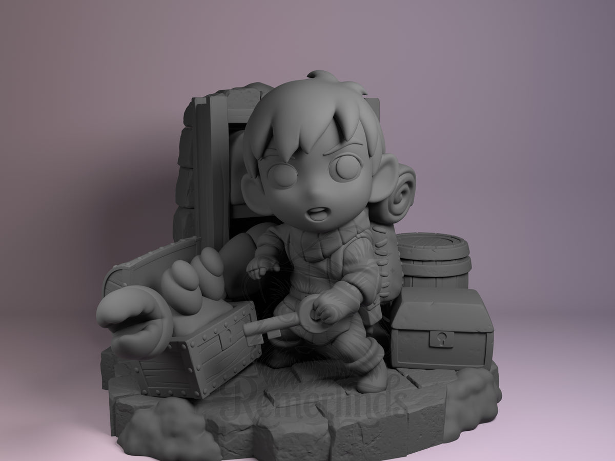 Cave Gobbler Culinary Dungeon Quest 3D printed resin figure by Nomnom, unpainted front view. The figure depicts a chibi-styled character in an alert pose, grasping the handle of a chest filled with claw-like food items. The base is detailed with dungeon-themed elements like stone flooring, a barrel, and a door, enhancing the adventurous and culinary dungeon quest theme of the piece.