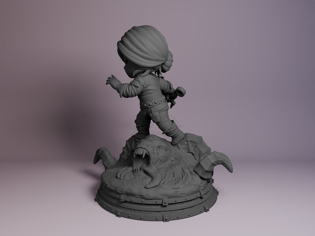 Angled rear view of Ciri from The Witcher, an unpainted resin Chibi figure with sword and outstretched arm on a creature-sau.