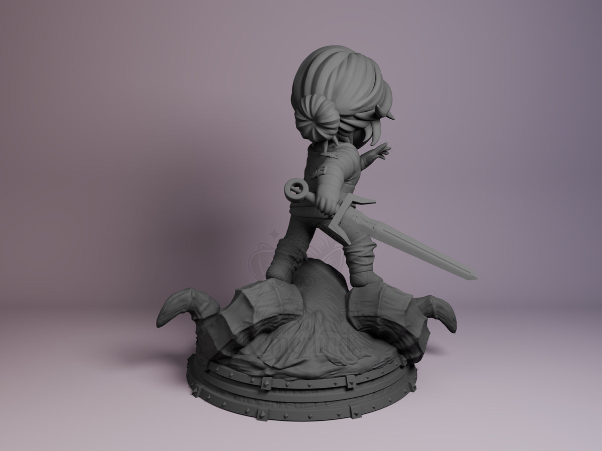Ciri from The Witcher is shown from behind, holding a sword, as an unpainted resin Chibi figure on a sculpted base.