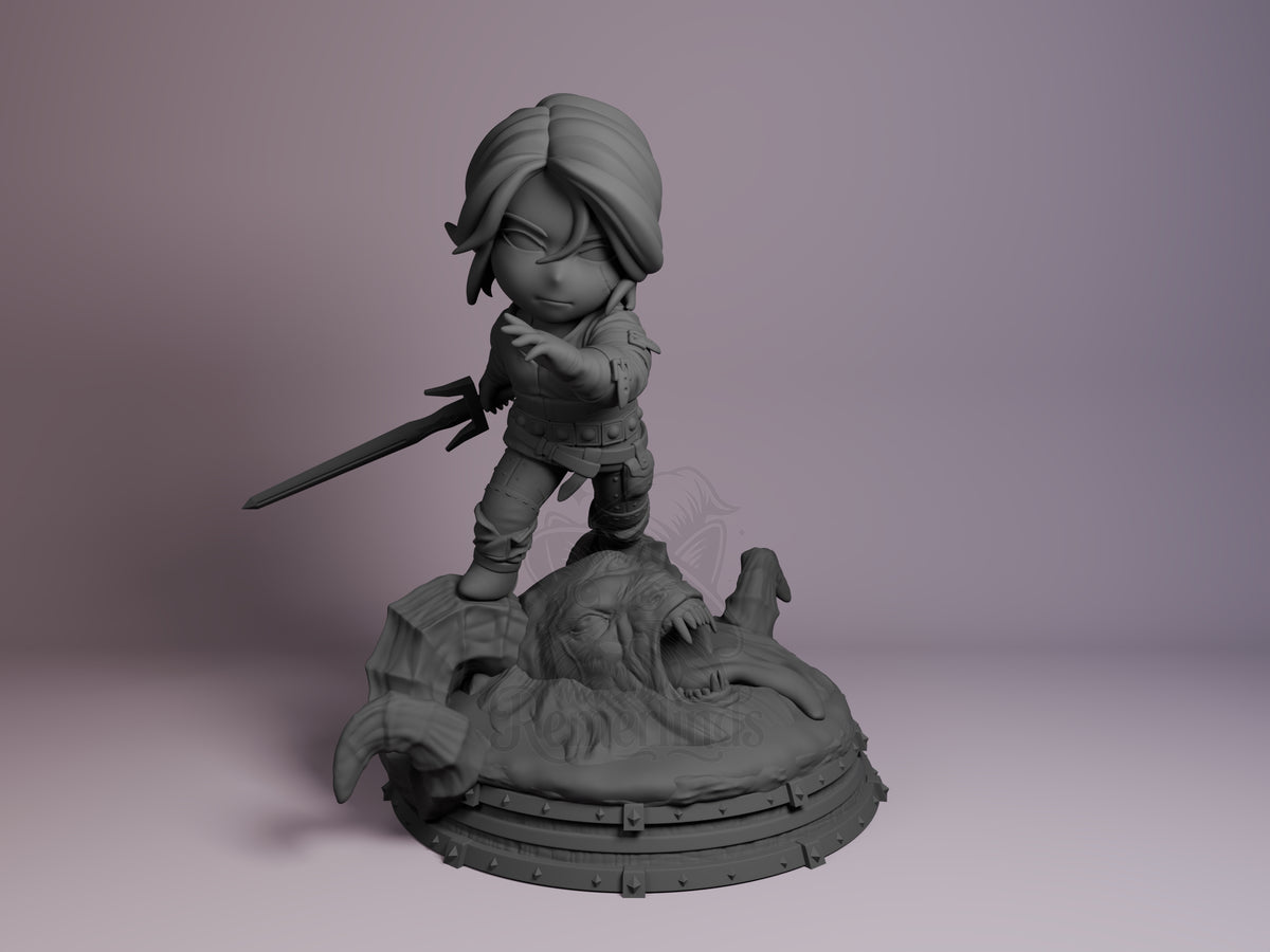 Ciri from The Witcher is an unpainted resin Chibi figure in a front three-quarter pose, with sword and sculpted monster base.