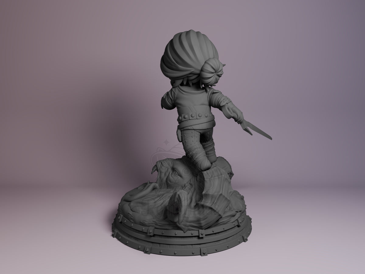 Ciri from The Witcher is an unpainted resin Chibi figure, back-facing with blades on a sculpted base.