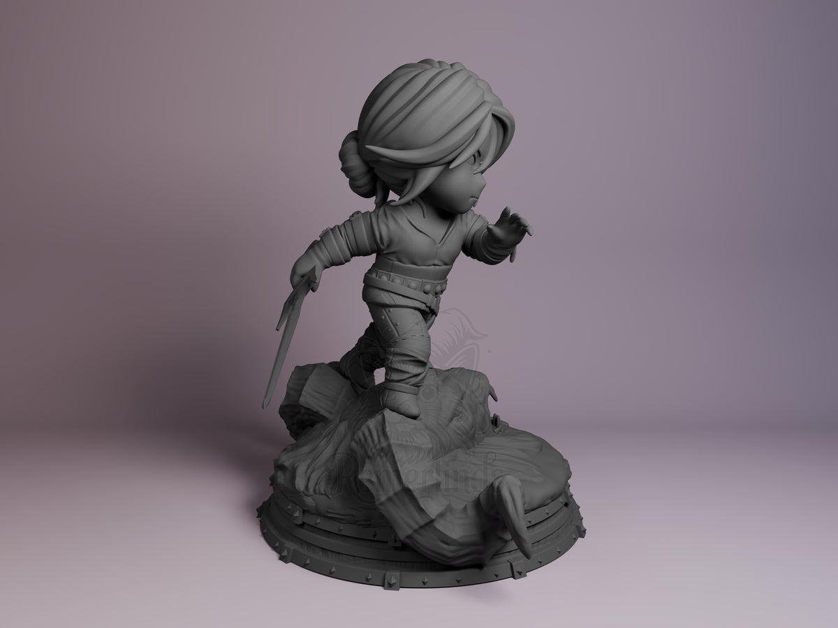 Right-side view of Ciri from The Witcher, a gray unpainted resin Chibi figure posed with sword on a sculpted base.