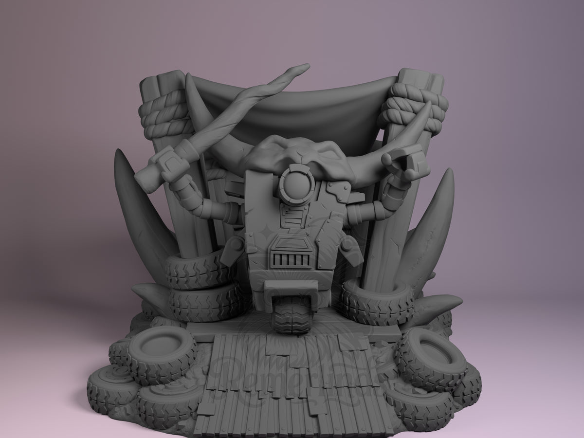 Clanktrap Lootlands 3D printed resin Chibi figure by Nomnom, unpainted front view. The figure depicts a chibi version of Clanktrap standing upright with arms raised, holding a knife in one hand and a blaster gun in the other. It has distinct robotic features with a large bull skull on its head, supported against a backdrop of ropes and poles. The base is richly detailed with stacked tires and wooden planks, adding to the post-apocalyptic and rugged aesthetic.