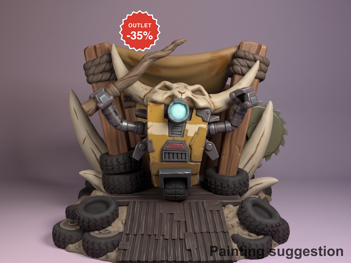 Painted resin Chibi Claptrap figure from Borderlands, front-facing on wooden plank base with tires, displaying yellow chassis and glowing cyan eye.