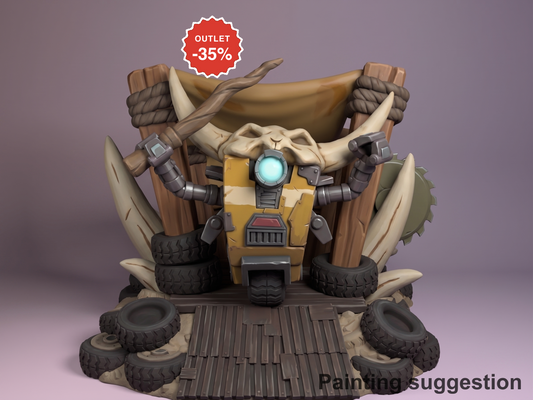 Painted resin Chibi Claptrap figure from Borderlands, front-facing on wooden plank base with tires, displaying yellow chassis and glowing cyan eye.