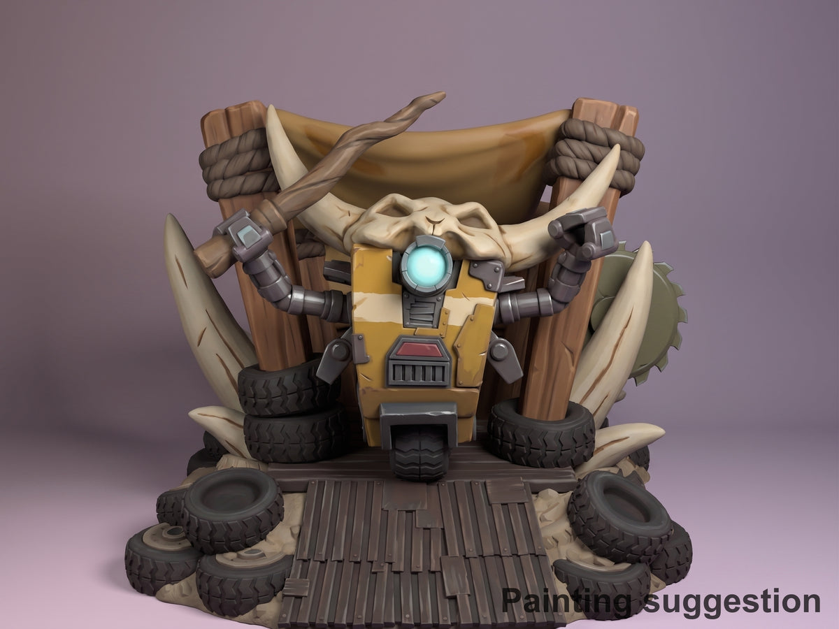 Painted Claptrap from Borderlands is a front-facing resin Chibi figure with raised arms on a sculpted tire base.