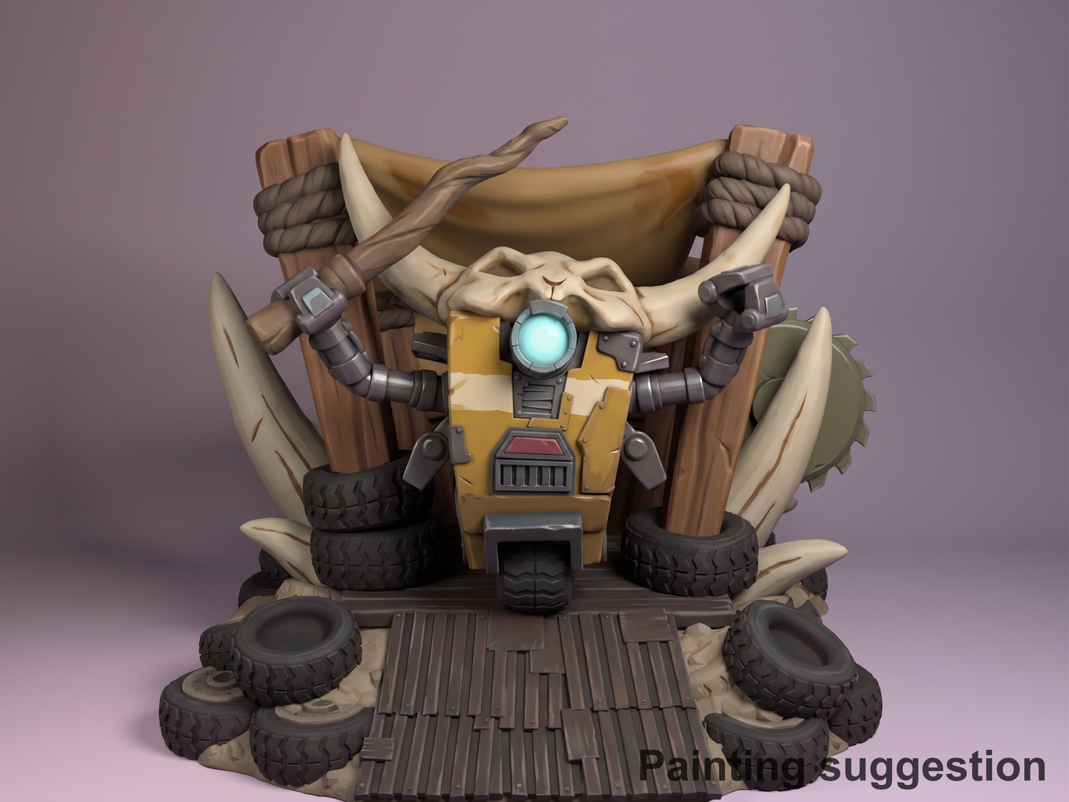 Clanktrap Lootlands 3D printed resin Chibi figure by Nomnom, colored view.