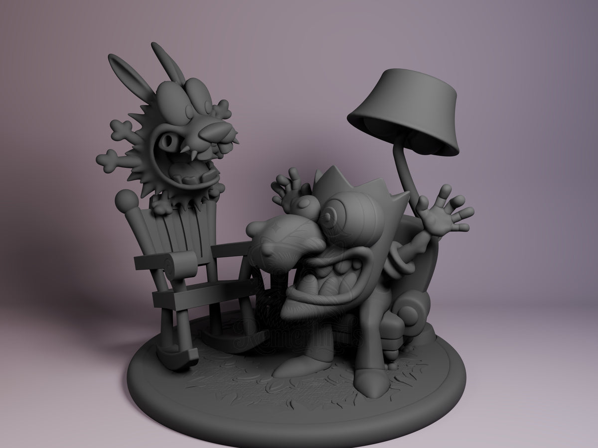 Front view shows Courage from Courage the Cowardly Dog, an unpainted resin Chibi figure on a round sculpted base.