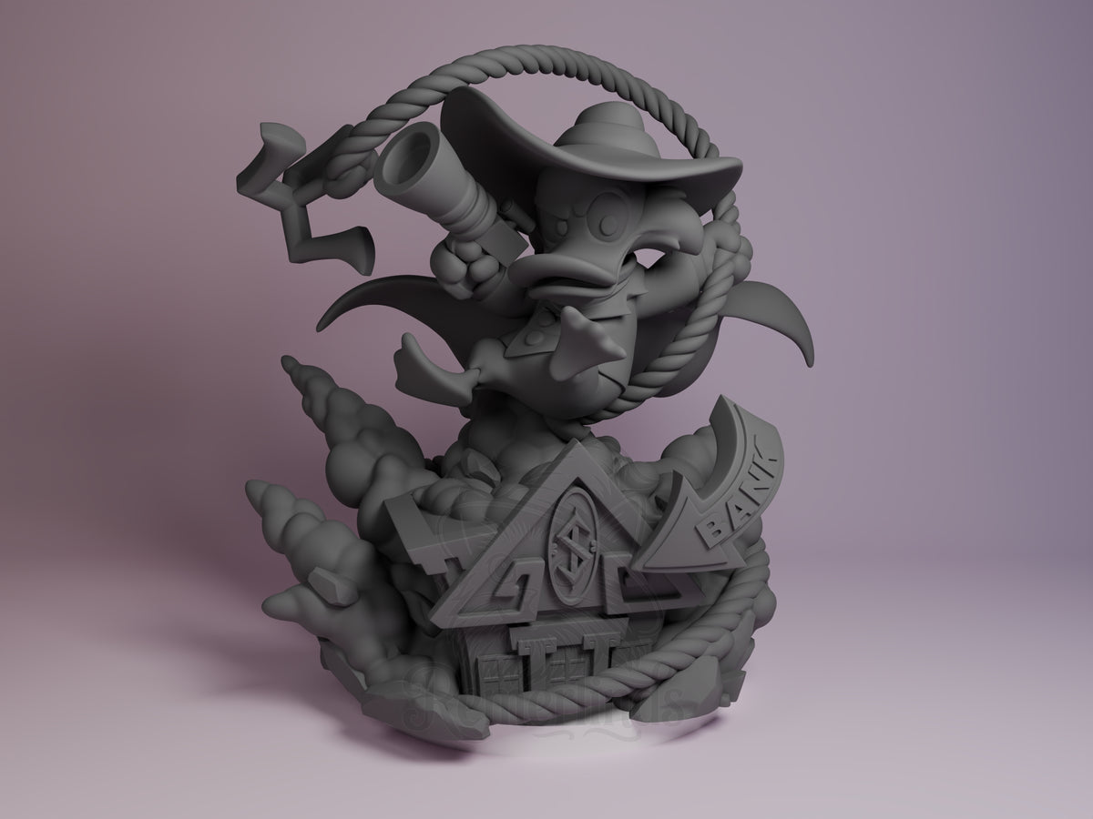 Darkwing Duck Capes & Quacks 3D printed resin figure by Nomnom, unpainted front view. The figure depicts Darkwing Duck in a dynamic action pose, seemingly mid-leap with a flintlock pistol raised in one hand. The character sports a signature wide-brimmed hat with a feather and a flowing cape, adding a sense of motion. A large coiled rope wraps around both the character and the detailed base featuring a building with a 'BANK' arrow sign, enhancing the scene's storytelling and depth.