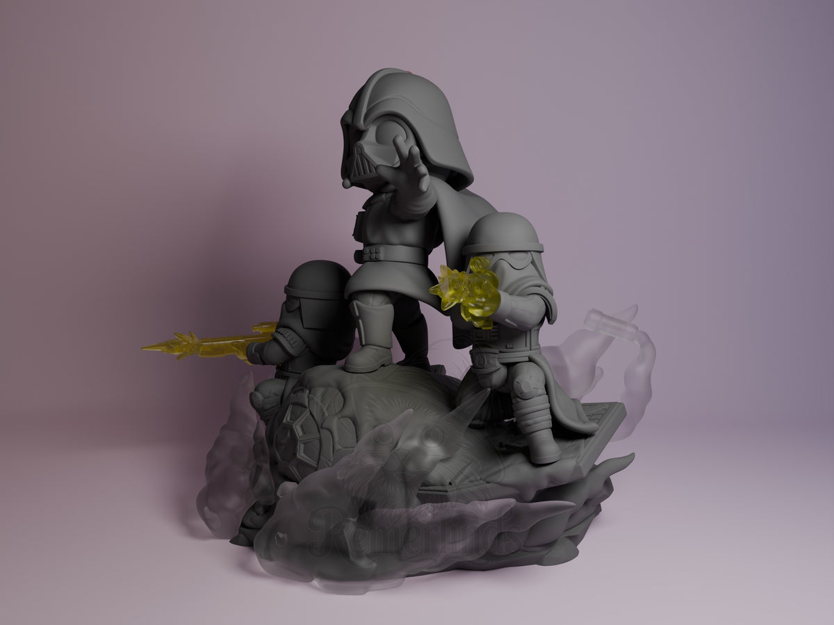 Dark Lord Mask from Galaxy Wars, an unpainted resin Chibi figure, stands angled on a sculpted base.