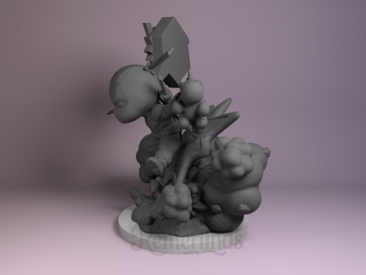 Deadpool Antihero Chronicles 3D printed resin figure by Nomnom, angled view showing dimensional details.