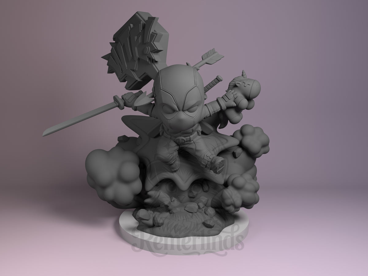 Front-view Deadpool from Antihero Chronicles is an unpainted resin Chibi figure with swords, arrows, and a cloud base.