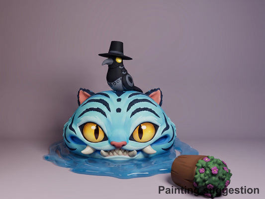 Blue tiger resin Chibi figure with yellow eyes and grinning expression, tiny plague doctor perched on head, sitting in water base, potted flower beside it.