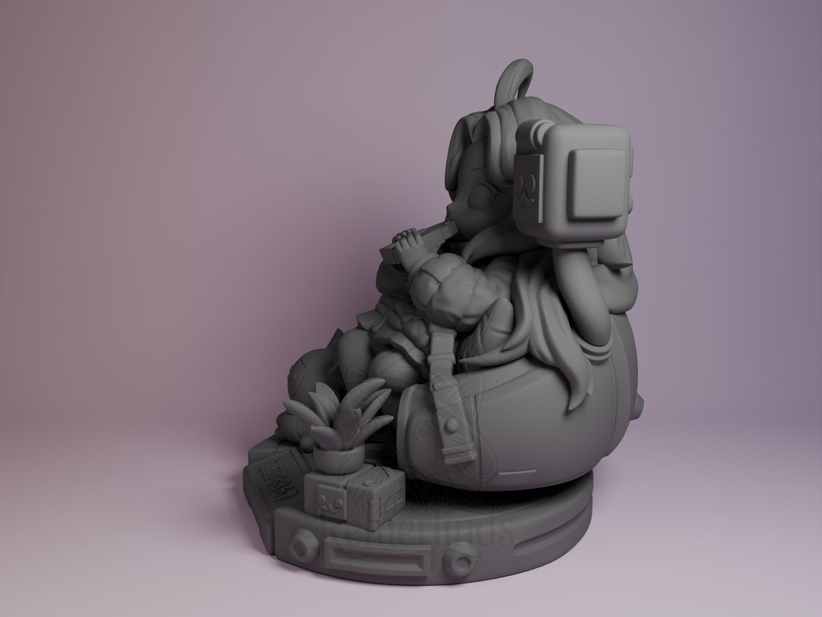 Diana from Pragmata resin Chibi figure shown from an angle, unpainted and seated on a sculpted base.