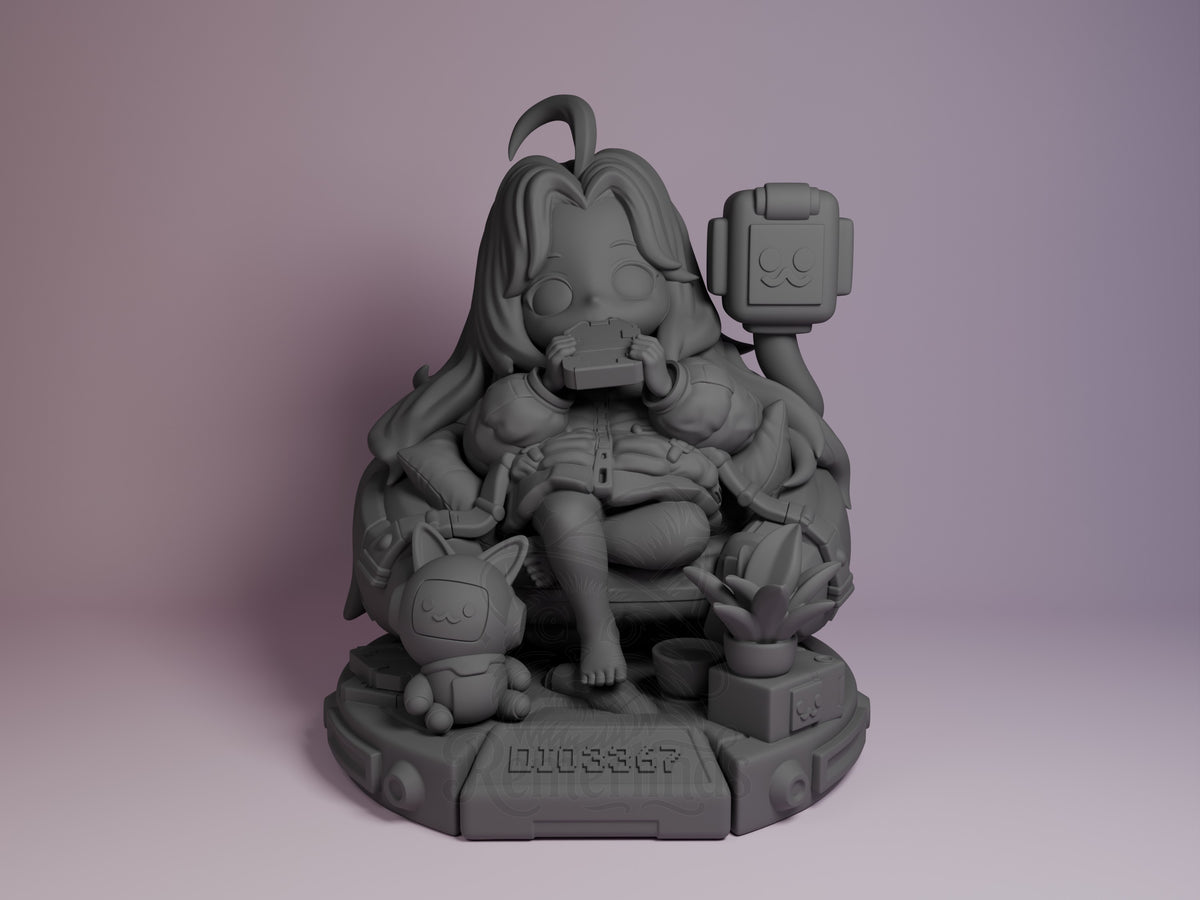 Front view of Diana from Pragmata, an unpainted resin Chibi figure seated with a device and robot on a sculpted base.