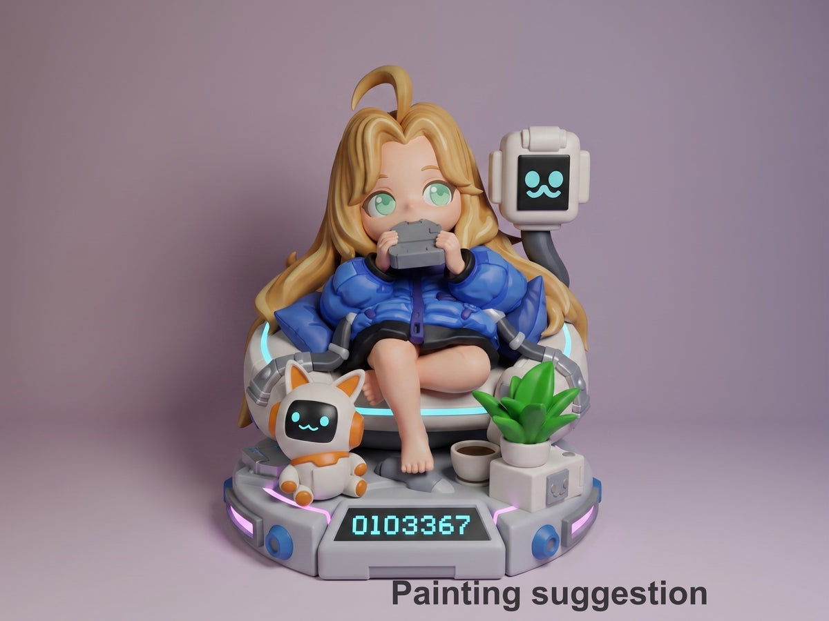Painted Diana from Pragmata resin Chibi figure sits cross-legged beside robots on the sculpted base.