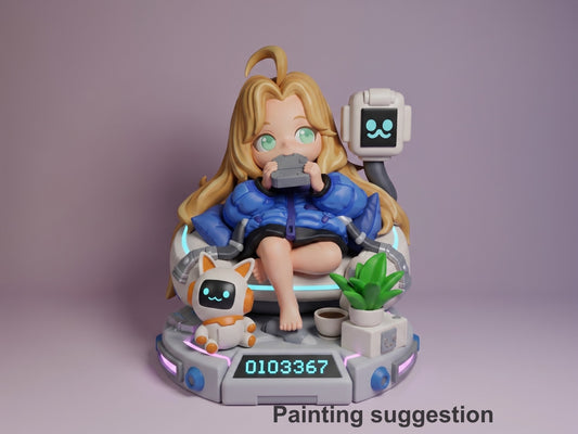 Diana Pragmata 3D printed resin Chibi figure by Nomnom, colored view.