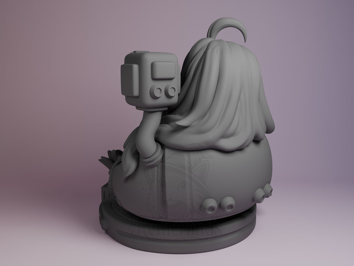 Left rear view of Diana from Pragmata, an unpainted resin Chibi figure on a sculpted base.