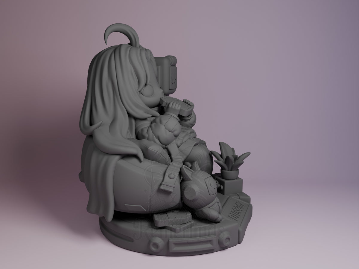 Diana from Pragmata is a seated, unpainted resin Chibi figure viewed from the right.