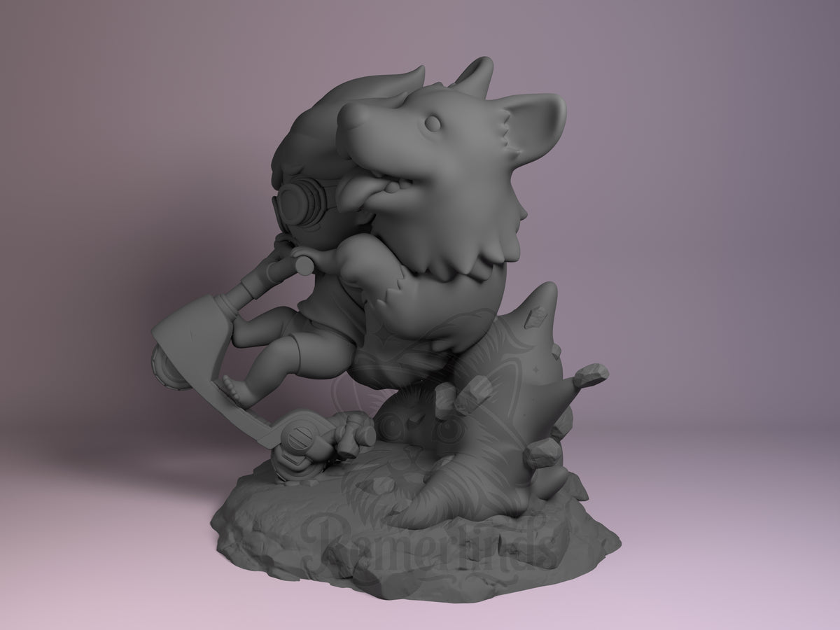 Genius Corgi & Hacker Kid Space Bounty Blues 3D printed resin Chibi figure by Nomnom, angled view showing dimensional details.