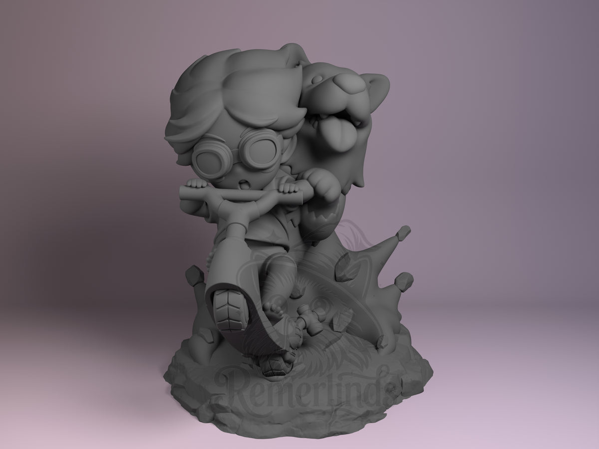 Genius Corgi & Hacker Kid Space Bounty Blues 3D printed resin Chibi figure by Nomnom, unpainted front view. This chibi resin miniature figure captures the energetic duo from Space Bounty Blues in a lively, forward-moving pose. The Hacker Kid grips the scooter handlebars with a surprised expression, while the playful Genius Corgi is positioned just behind, tongue out and ears alert. The detailed base with rock and starburst accents enhances the dynamic and adventurous feel of the piece.