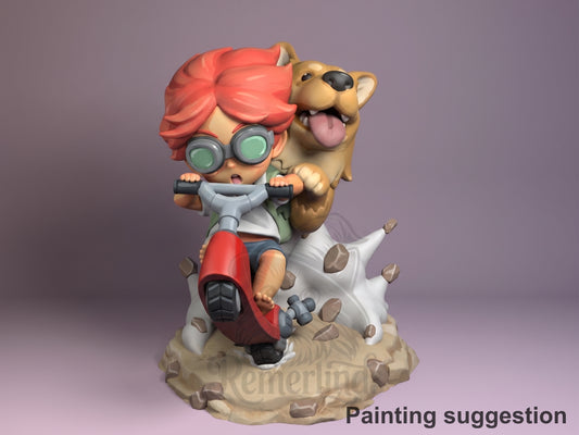 Front view shows painted Ein & Edward from Cowboy Bebop riding together on a sculpted base as a resin Chibi figure.