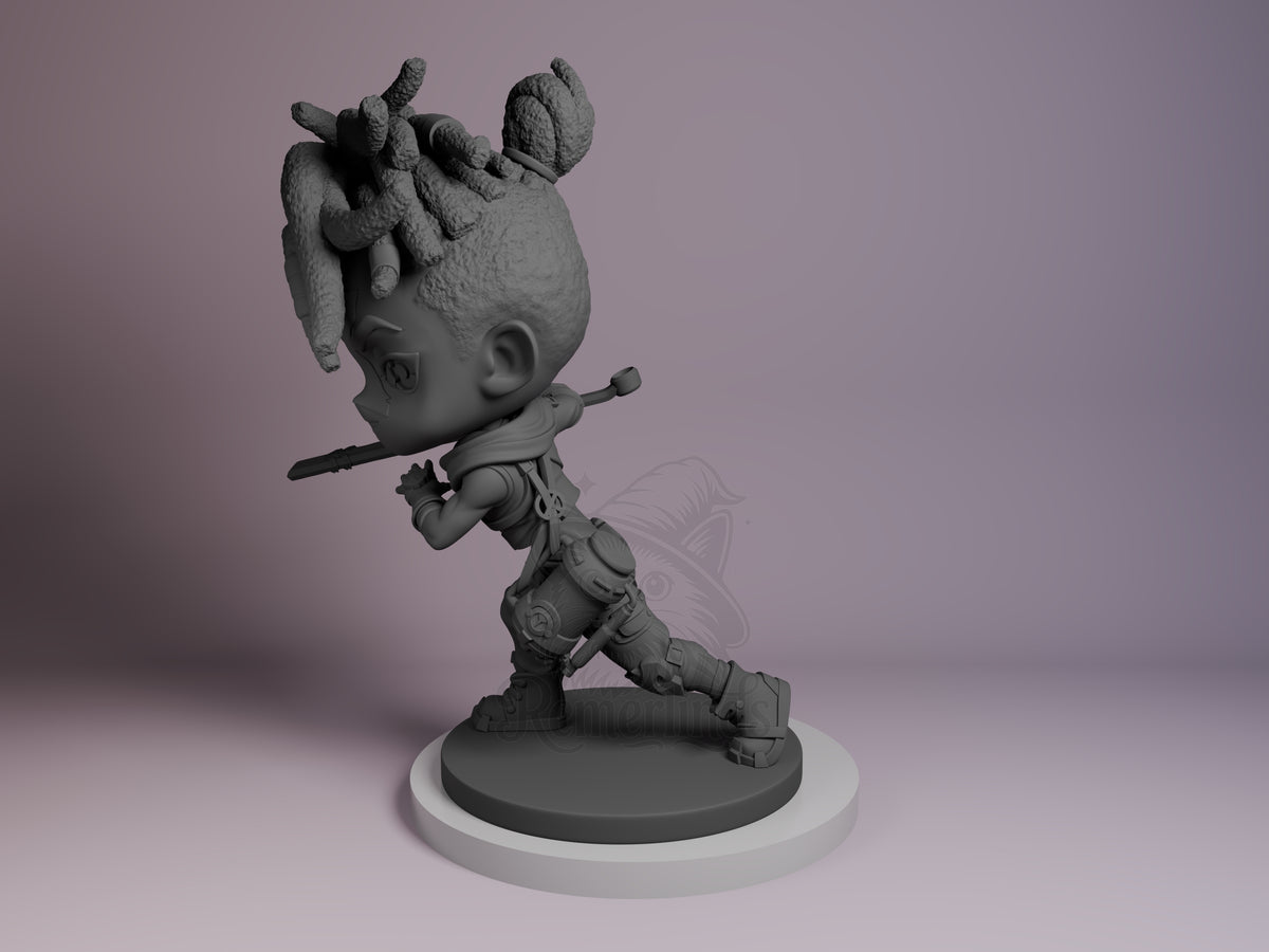Ekko resin Chibi figure in grey unpainted state, posed with flute held horizontally, distinctive head spikes visible, standing on white circular base.