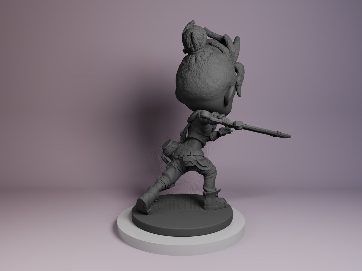 Ekko resin Chibi figure from Arcane shown from behind, unpainted gray with detailed armor and weapon, dynamic pose on white base.