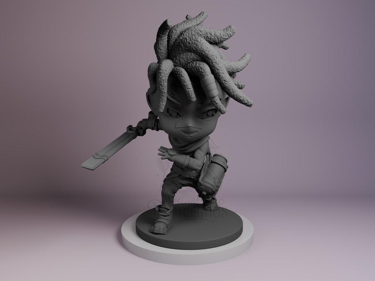 Ekko resin Chibi figure from Arcane, unpainted gray, front view on white base, holding sword, distinctive tentacle-like hair, dynamic pose.