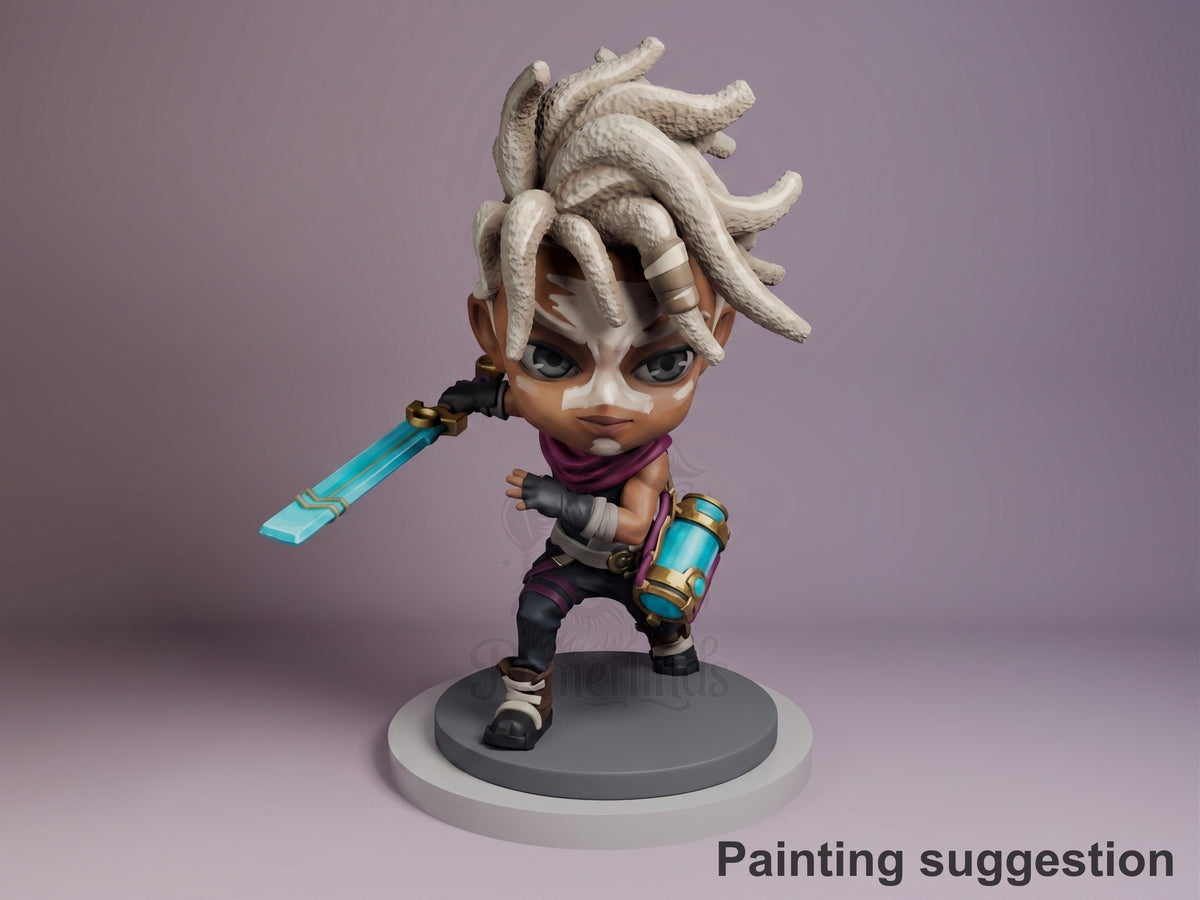Ekko from Arcane resin Chibi figure in painted blue and purple outfit, wielding cyan sword, white dreadlocks, standing on grey base against purple background.