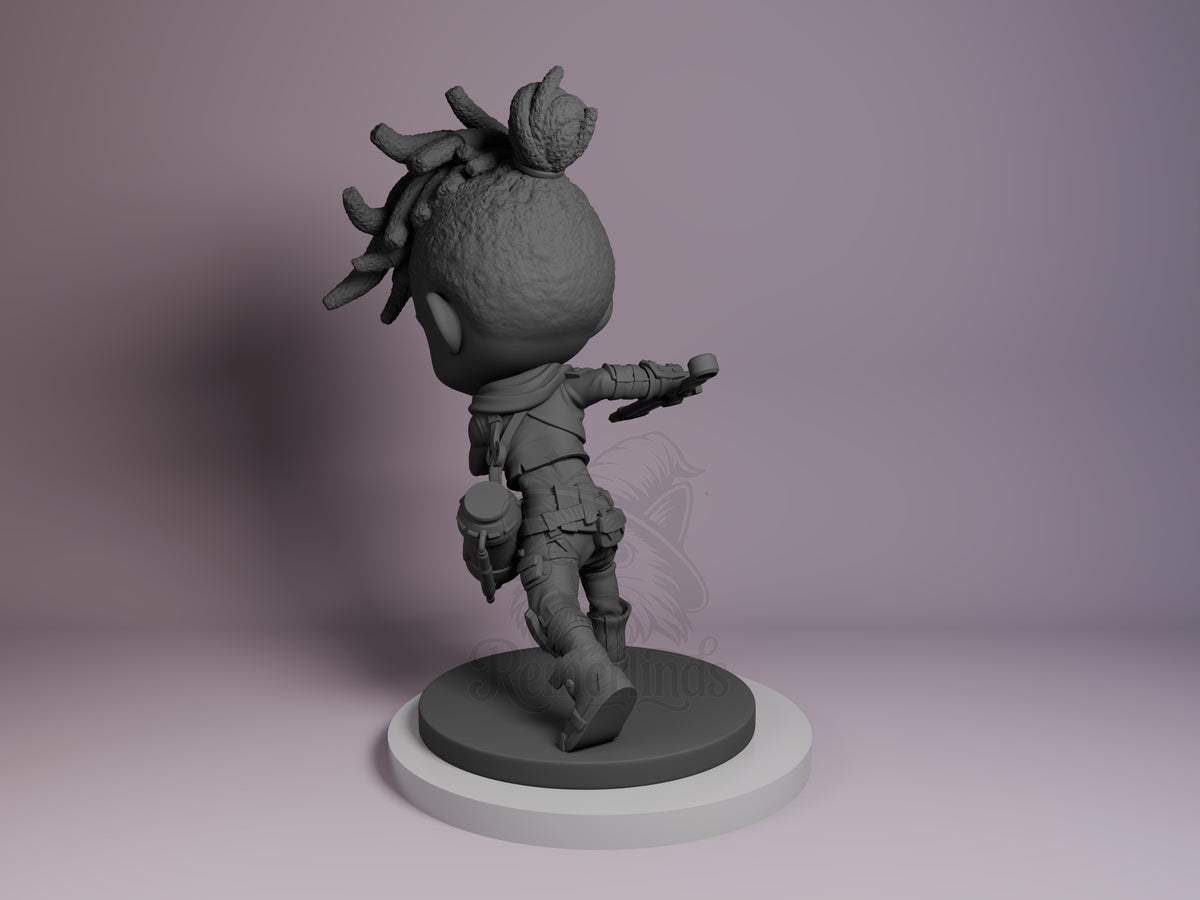 Ekko resin Chibi figure from Arcane shown from left angle, unpainted gray, standing on white base with one arm raised and head tilted back.