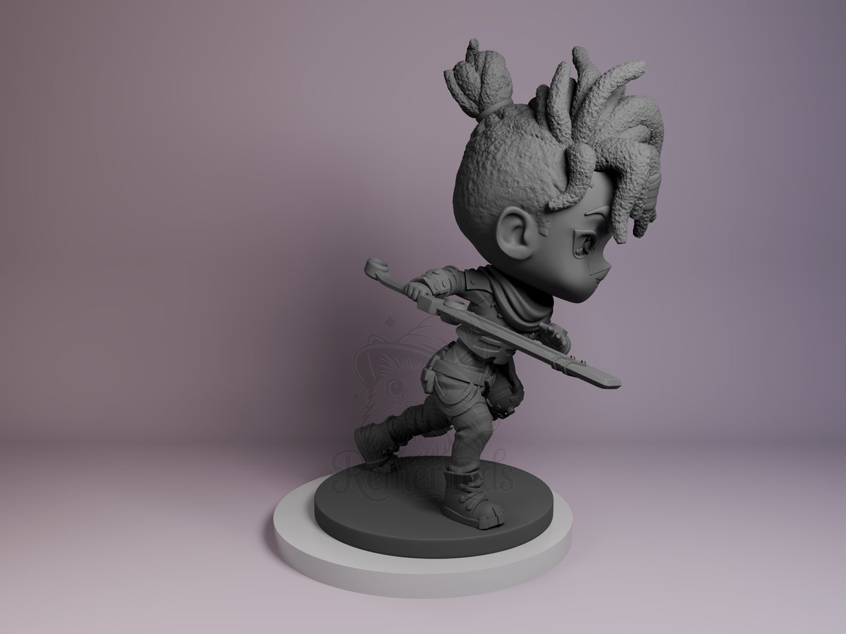 Ekko resin Chibi figure from Arcane in grey primer, shown in profile pose holding a staff, mounted on a round base against purple backdrop.