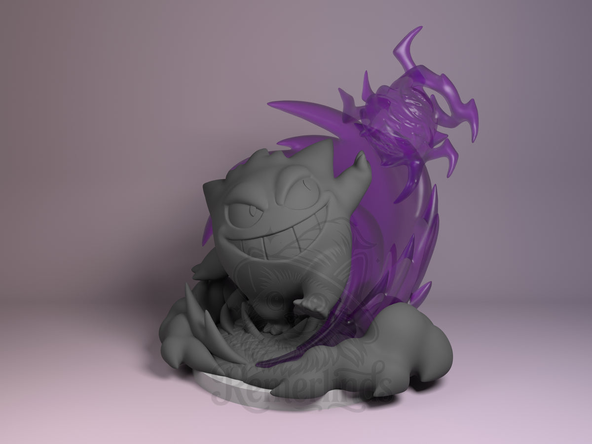Gengar Pocket Specters 3D printed resin figure by Nomnom, unpainted front view. This 3D resin miniature features a chibi-style Gengar in a standing pose with a playful, slightly menacing expression. The figure is accompanied by a translucent purple psychic or ghostly energy effect resembling Ghastly, enhancing the dynamic and supernatural theme. The detailed base with claw shapes adds to the overall composition, making the figure lively and visually captivating.