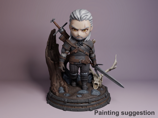 medieval monster hunter Monster Hunter Geraldo 3D printed resin Chibi figure by Nomnom, colored view.