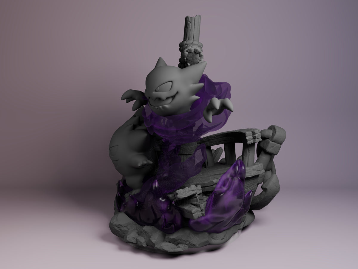Angled view of a mostly unpainted Gastly, Haunter & Gengar resin Chibi figure from Pokémon on a sculpted shipwreck base.