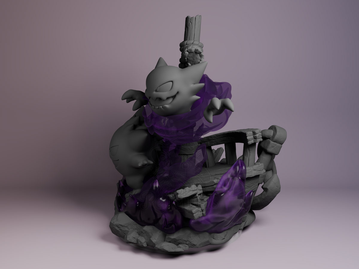 Mistwisp, Nightstalker & Shadowgrin Pocket Specters 3D printed resin Diorama by Nomnom, angled view showing dimensional details.