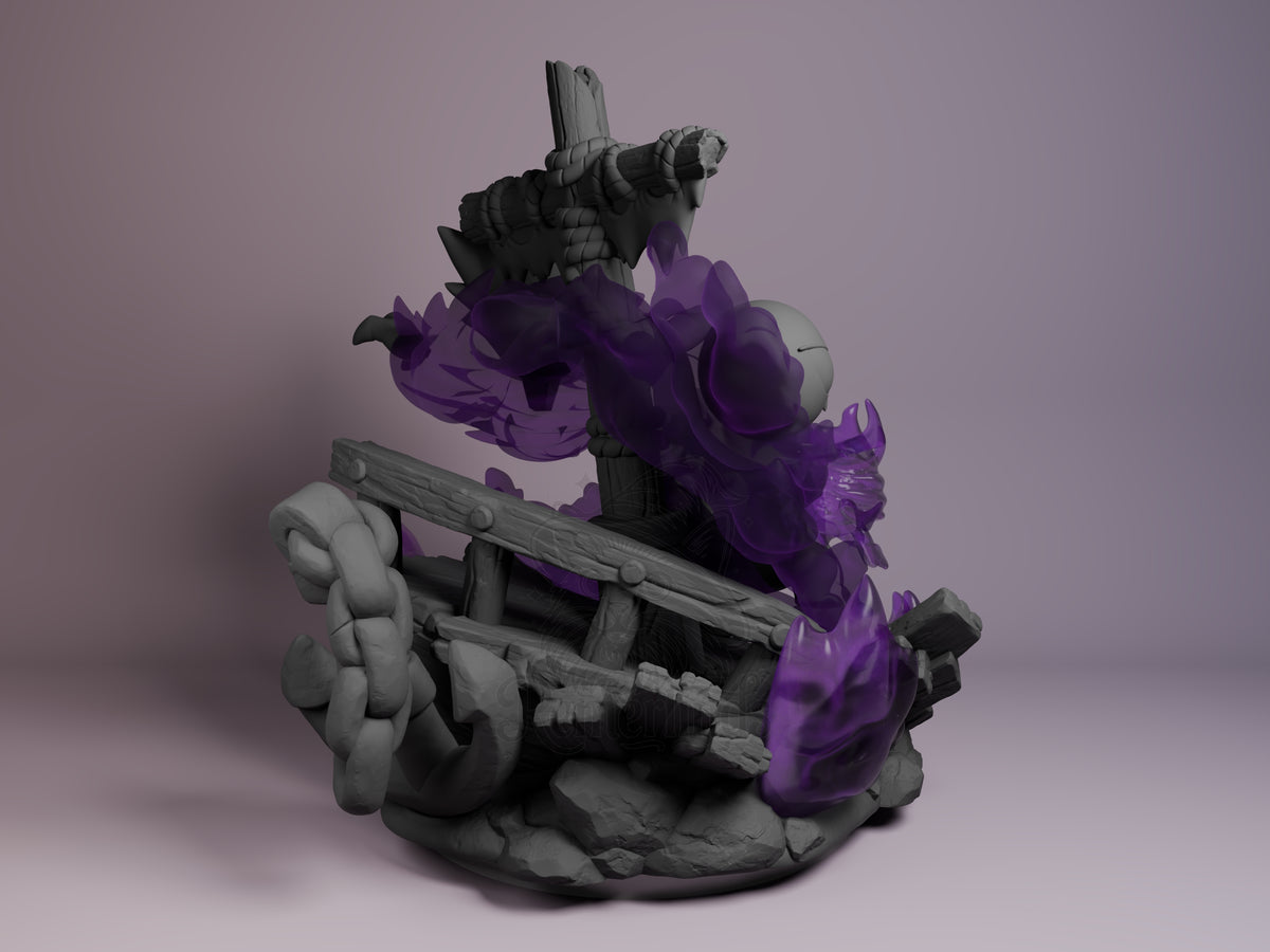 Back view of Gastly, Haunter & Gengar from Pokémon resin Chibi figure, purple-painted with gray unpainted parts on a rocky.у?