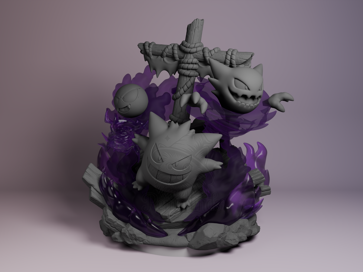 Mistwisp, Nightstalker & Shadowgrin Pocket Specters 3D printed resin Diorama by Nomnom, unpainted front view
