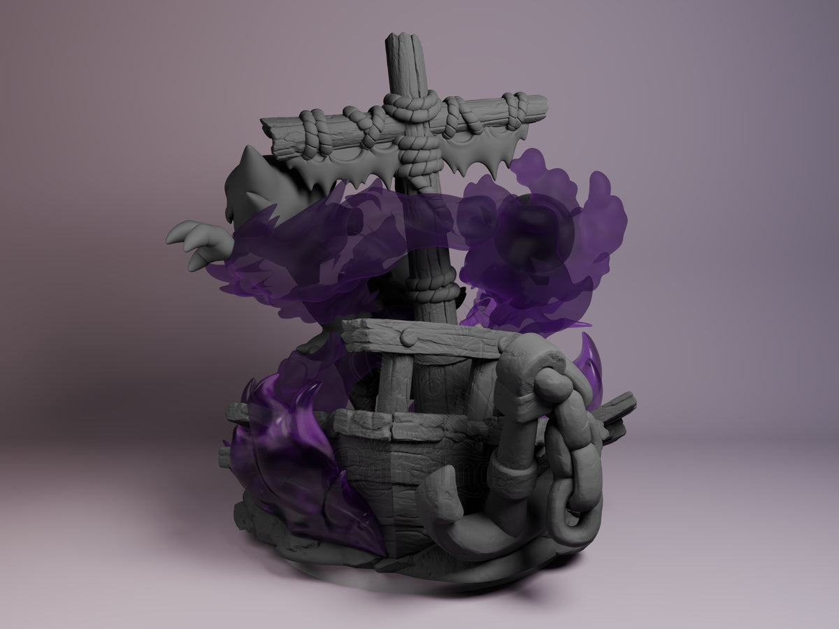 Left view shows Gastly, Haunter & Gengar from Pokémon, an unpainted resin Chibi figure around a sculpted wagon base.